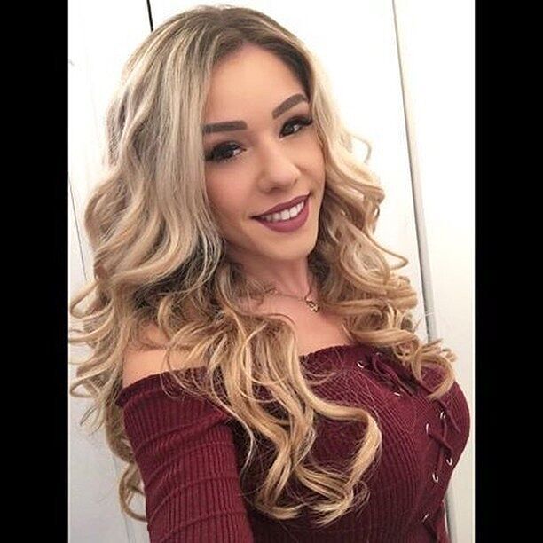 Customer wearing honey brown & ash blonde #12/24 hair extensions