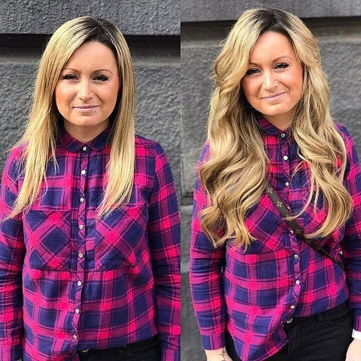 Customer wearing honey brown & ash blonde #12/24 hair extensions