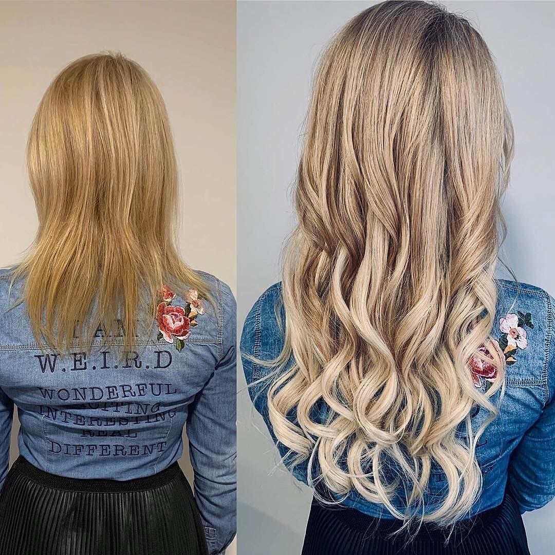 Customer wearing honey brown & ash blonde #12/24 hair extensions