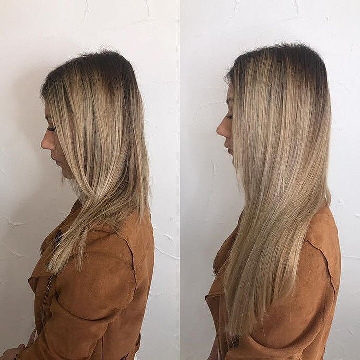 Customer wearing honey brown & ash blonde #12/24 hair extensions