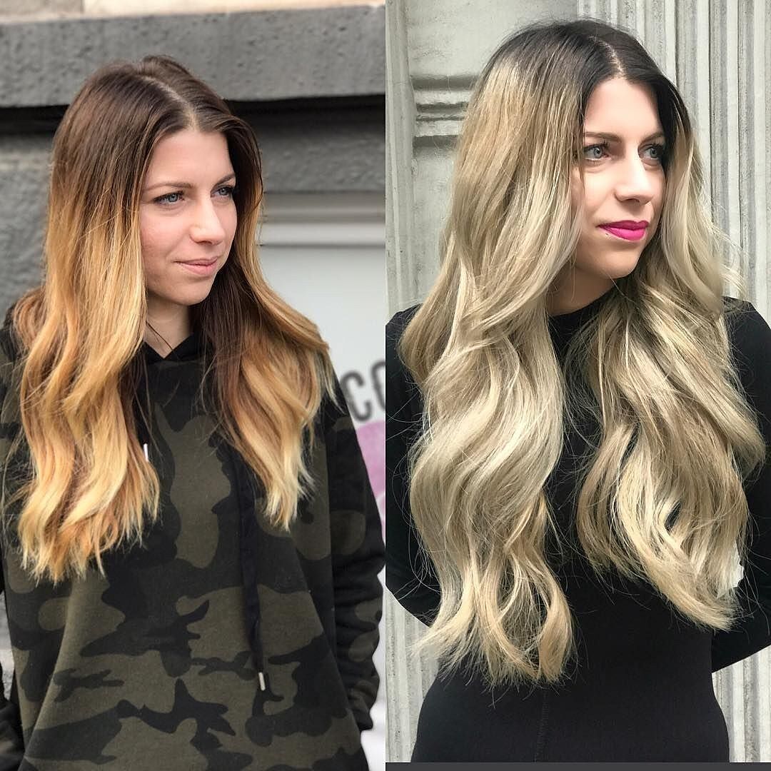 Customer wearing honey brown & ash blonde #12/24 hair extensions