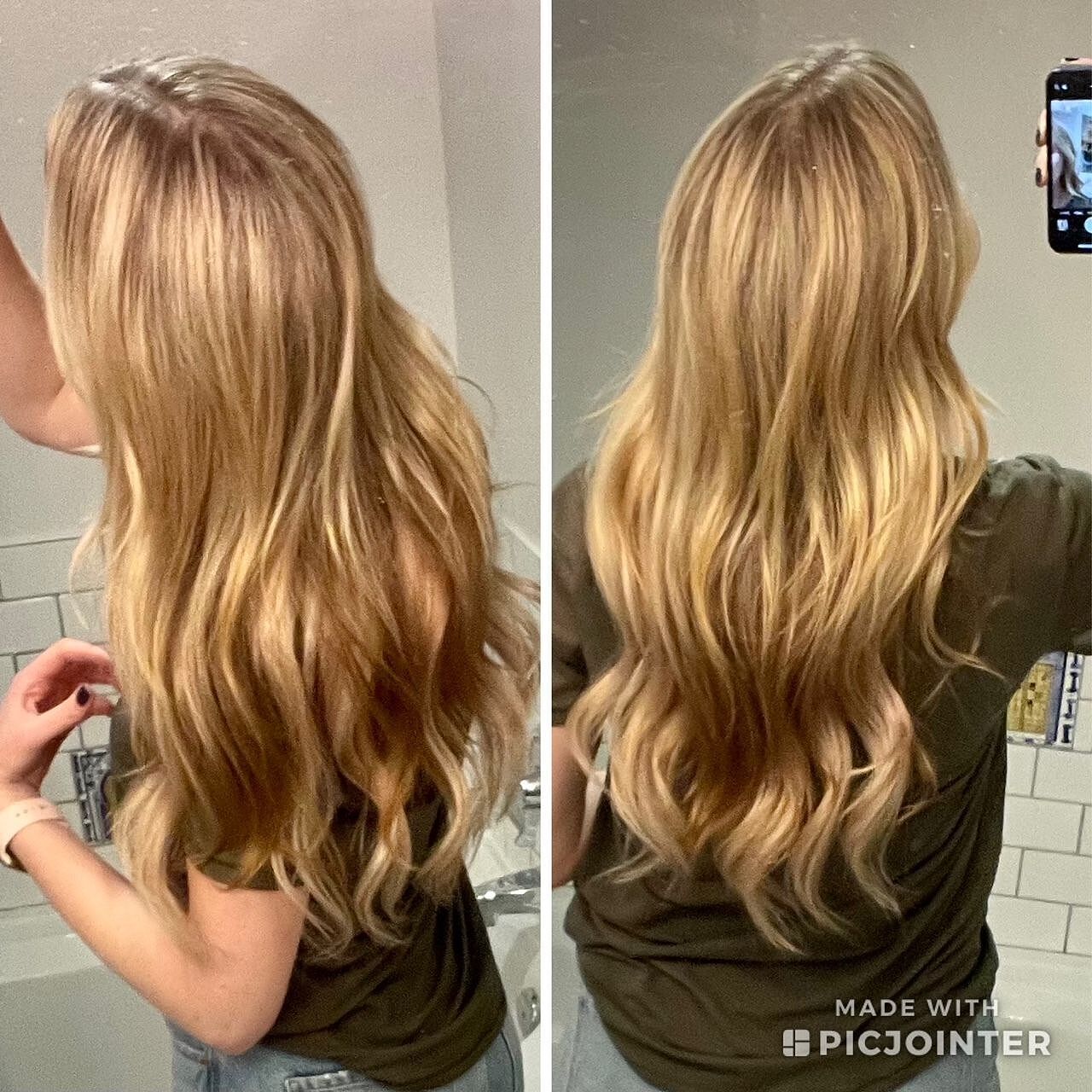 Customer wearing honey brown & ash blonde #12/24 hair extensions