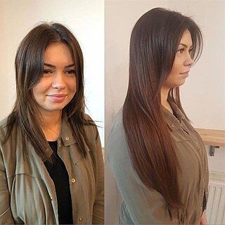 Customer wearing chestnut brown #6 hair extensions