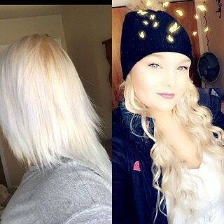 Customer wearing bleach blonde #613 hair extensions