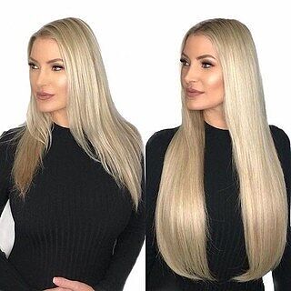 Customer wearing bleach blonde #613 hair extensions